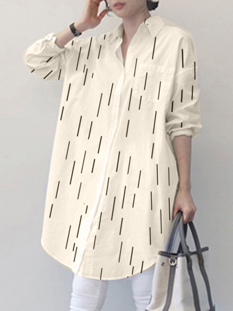 Stripe Print Pocket Long Sleeve Loose Button Down Shirt