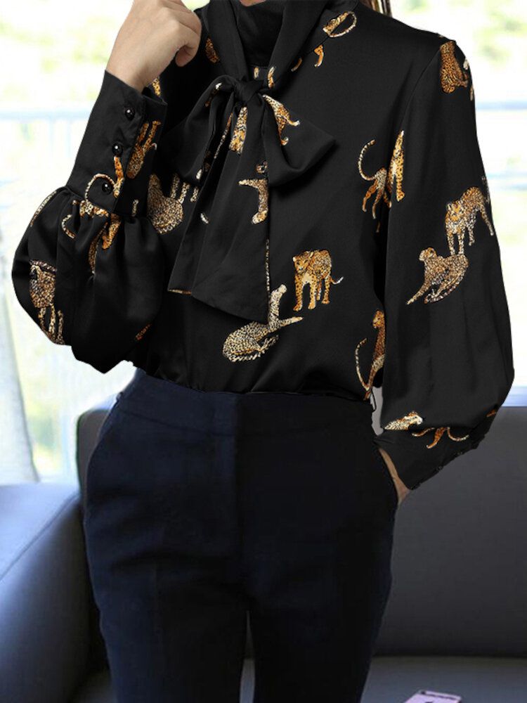 Tiger Print Tie Neck Casual Långärmad Blus För Kvinnor