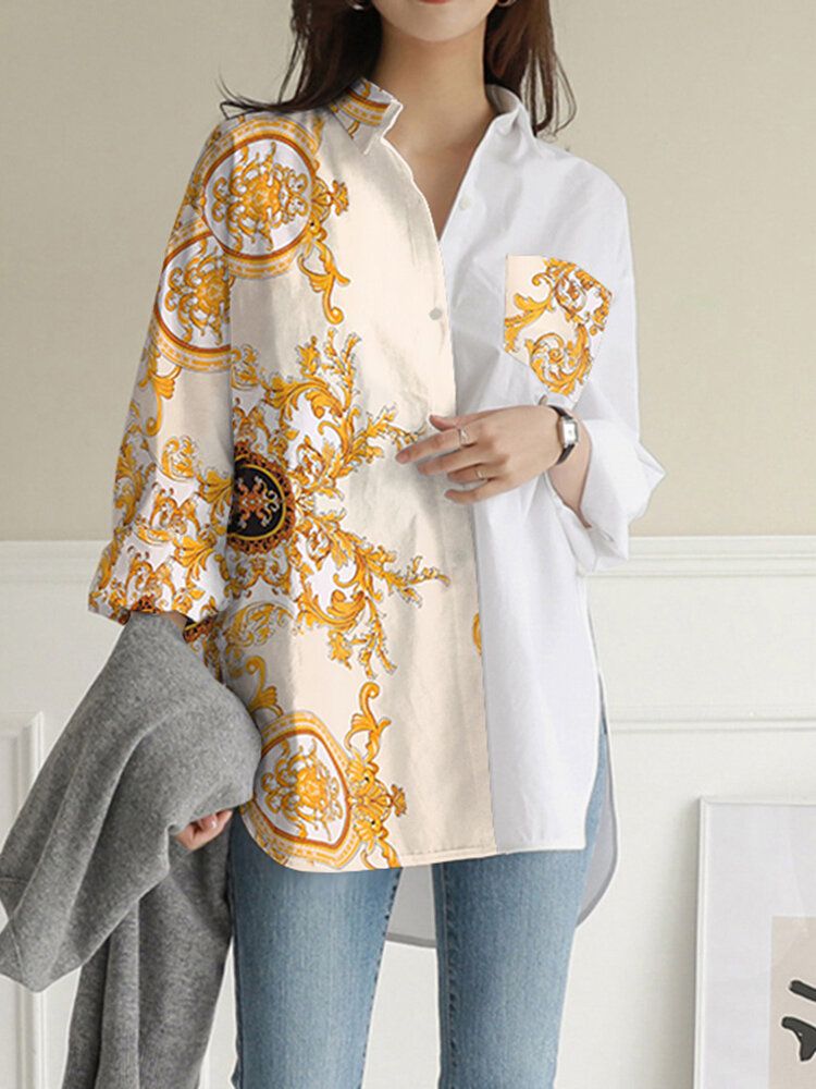 Tribal Pattern Contrast Color Pocket Button Down Shirt