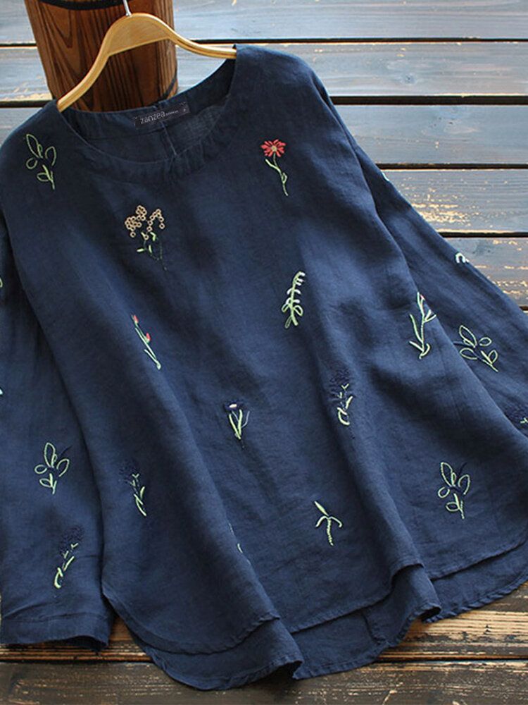 Växttryck Broderi Split Fåll Bomull Långärmad Casual Blus