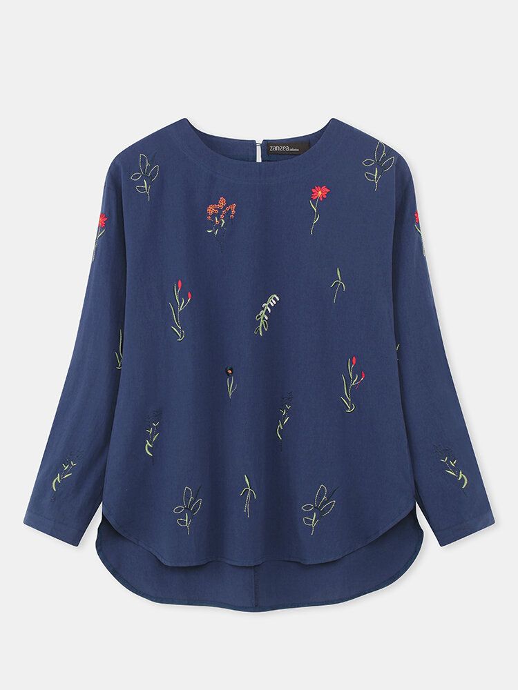 Växttryck Broderi Split Fåll Bomull Långärmad Casual Blus