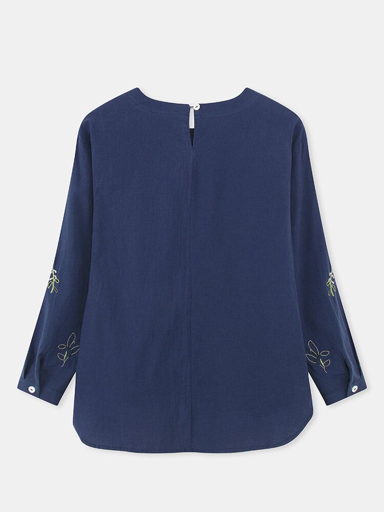 Växttryck Broderi Split Fåll Bomull Långärmad Casual Blus