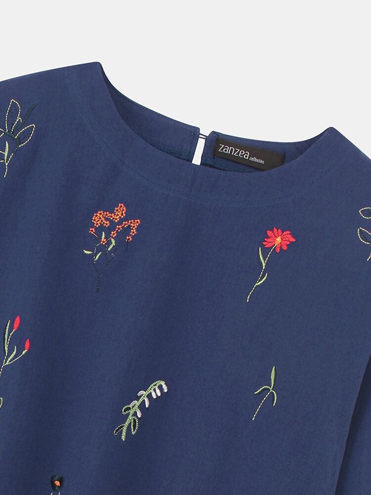 Växttryck Broderi Split Fåll Bomull Långärmad Casual Blus