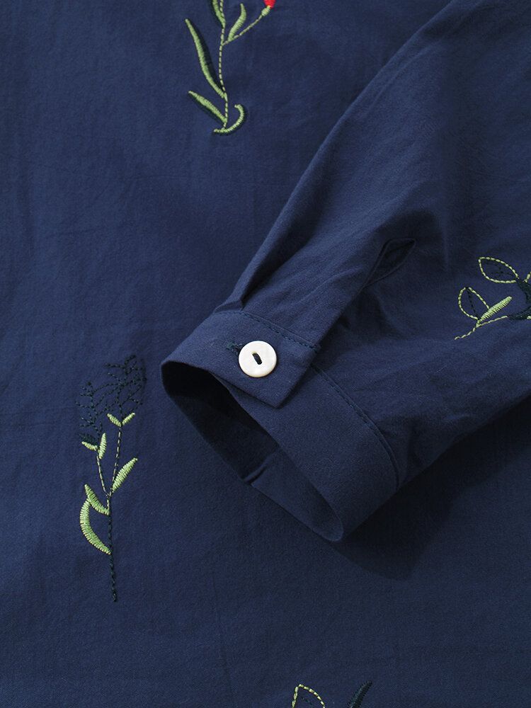 Växttryck Broderi Split Fåll Bomull Långärmad Casual Blus