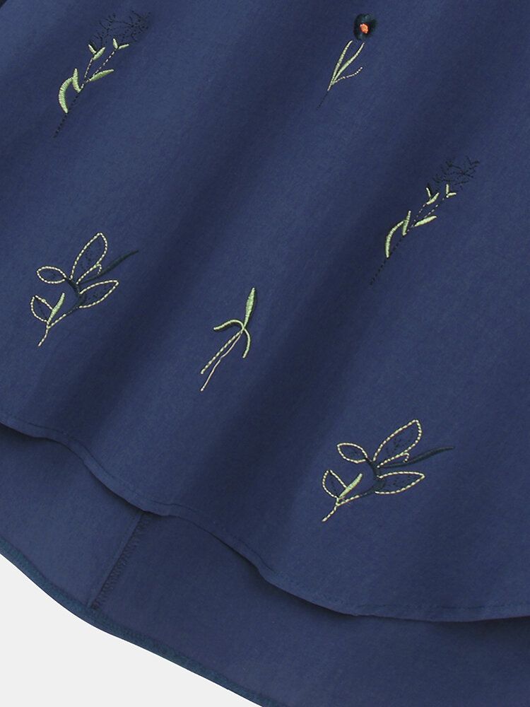 Växttryck Broderi Split Fåll Bomull Långärmad Casual Blus