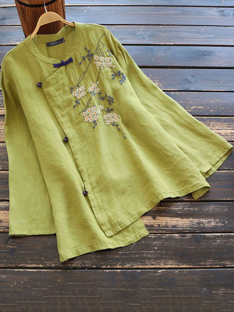 Vintage Blommig Broderi Groda Långärmad Oregelbunden Etnisk Stil Blus För Kvinnor