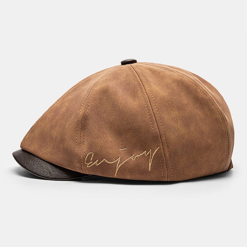 Collrown Herr Rub Color Pu Distressed Letter Brodery Vintage Octagonal Hat Flat Cap