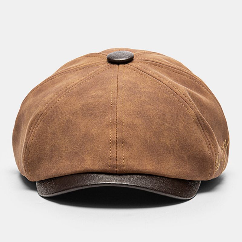Collrown Herr Rub Color Pu Distressed Letter Brodery Vintage Octagonal Hat Flat Cap