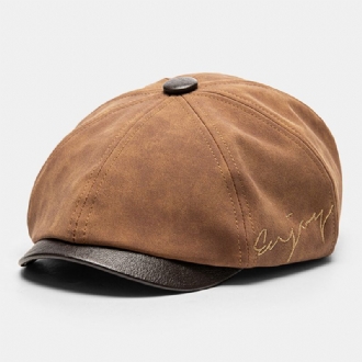 Collrown Herr Rub Color Pu Distressed Letter Brodery Vintage Octagonal Hat Flat Cap