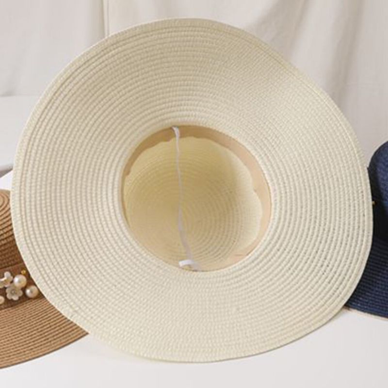 Dam Halm Enfärgad Elegant Big Brätte Pearl Bowknot Wavy Edge Visir Solhatt Strandhatt Bucket Hat
