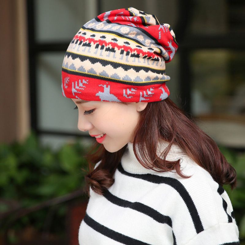Dam Kashmir Dubbelfunktion Etnisk Stil Mönster Kontrastfärg Håll Värmen Utomhusmössa Turban Scarf