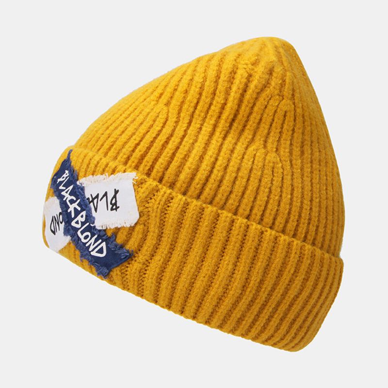 Damstickad Enfärgad Letter Raw Edge Patch Flänsning All-match Warm Beanie Hat