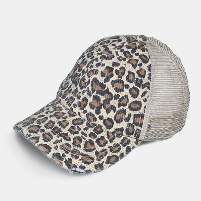 Damtillverkad Gammalt Breaking Hole Leopardmönster Mode Ihåligt Rippad Tvättad Baseballhatt