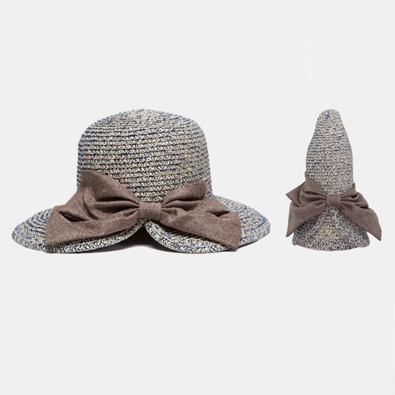 Kvinnor Bakre Delad Design Tredimensionell Hattbrätte Stråhatt Stor Rosett Dekoration Vikbar Andas Utomhus Casual Solskyddshatt Med Bucket