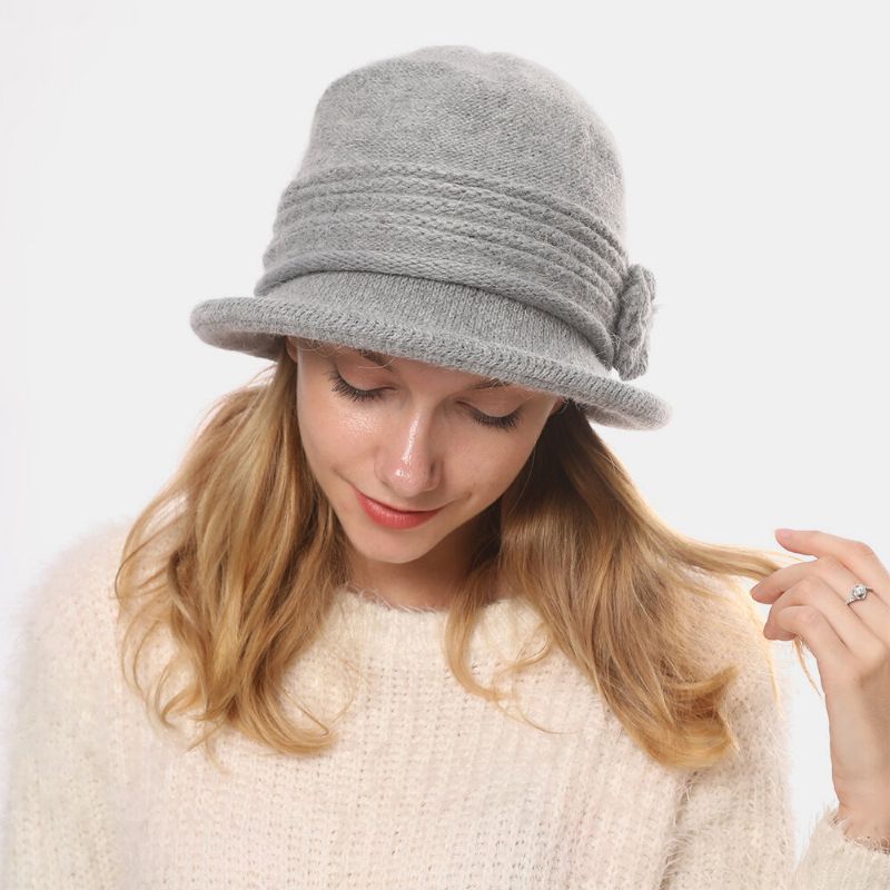Kvinnor Kaninhår Plus Tjocka Varm Blomsterdekoration Mode Casual Stickad Mössa Bucket Hat