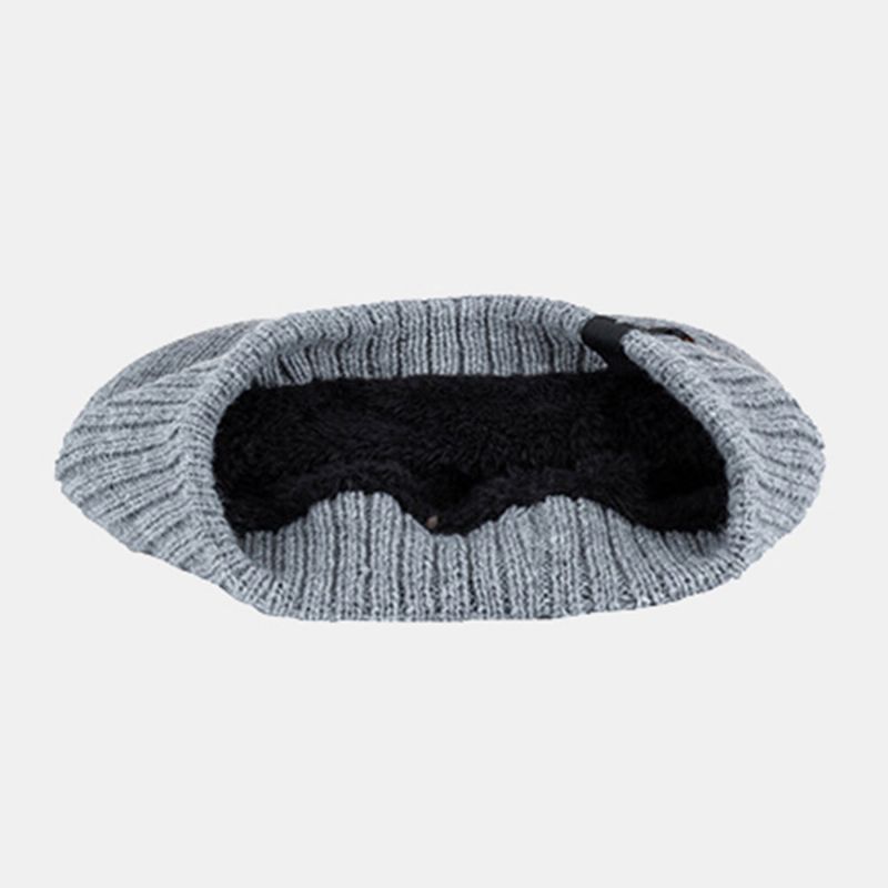 Män Akryl Plus Sammet Stickad Keps Blad Bokstavsmönster Patch Vinter Utomhus Värme Mössa