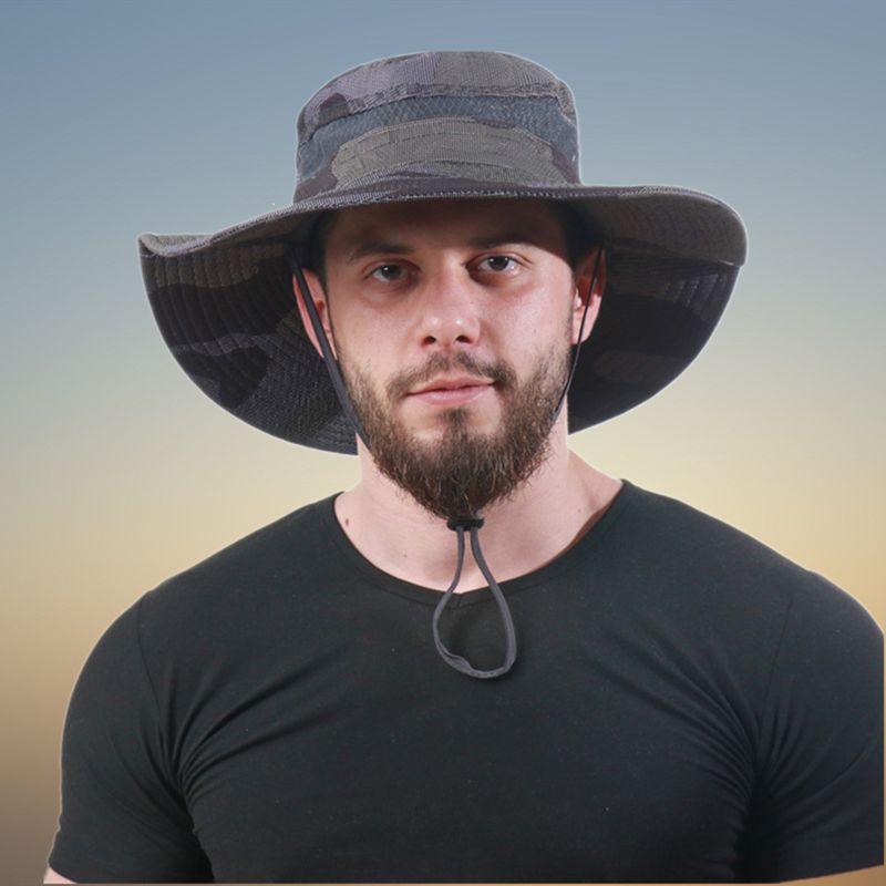 Män Bucket Hat Polyester Mesh Patchwork Kamouflage Bred Brätte Snabbtorkande Andningsbar Solskyddsmedel Utomhus Fiske Klättring Bucket Hat