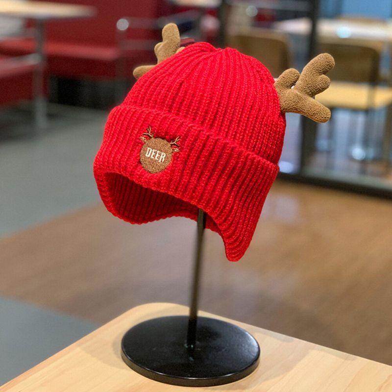 Män Stickad Mössa Jul Plus Sammet Tecknad Brev Broderi Horn Dekoration Värme Brättelös Mössa Mössa För Kvinnor