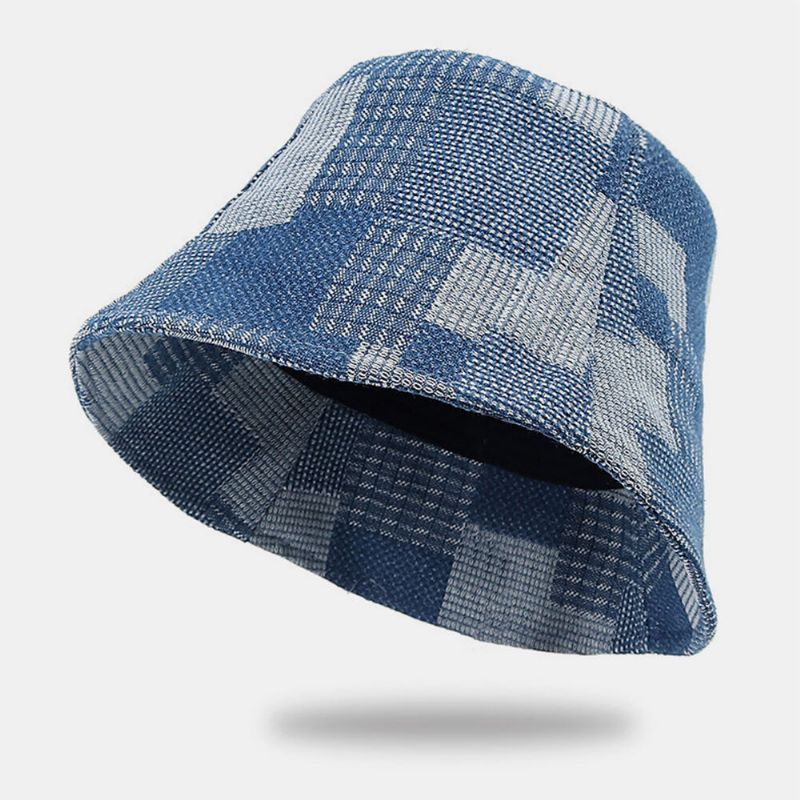 Unisex Bomull Pläd Colorblock Denim Distressed Vintage Casual Solskydd Vikbara Platta Hattar Bucket Hats