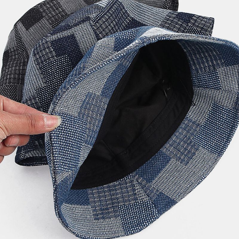 Unisex Bomull Pläd Colorblock Denim Distressed Vintage Casual Solskydd Vikbara Platta Hattar Bucket Hats