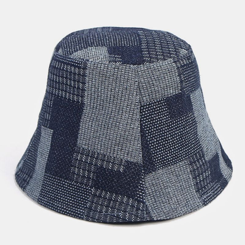 Unisex Bomull Pläd Colorblock Denim Distressed Vintage Casual Solskydd Vikbara Platta Hattar Bucket Hats