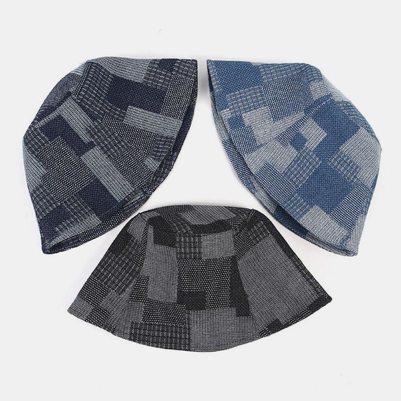 Unisex Bomull Pläd Colorblock Denim Distressed Vintage Casual Solskydd Vikbara Platta Hattar Bucket Hats