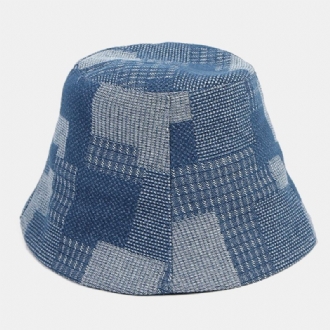 Unisex Bomull Pläd Colorblock Denim Distressed Vintage Casual Solskydd Vikbara Platta Hattar Bucket Hats