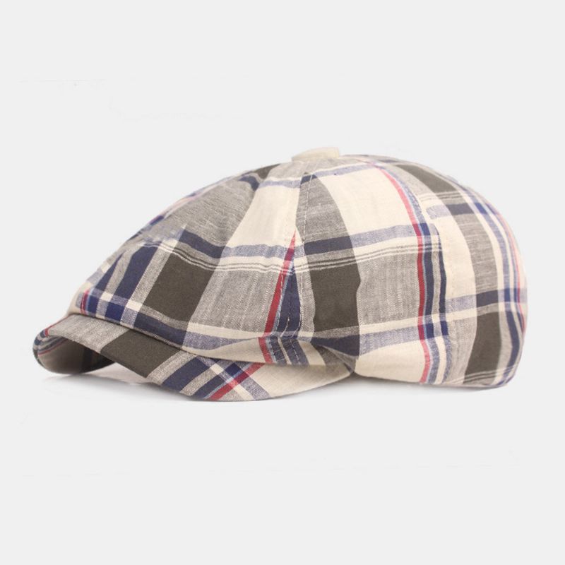 Unisex Bomullsbaskerkeps Rutigt Mönster Casual Retro Solskydd Newsboy Hatt Framåt Keps Åttkantig Hatt