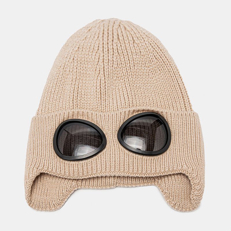 Unisex Stickad Enfärgad Aviator Glasögon Linsdekoration Tjocka Värme Mode Mössa