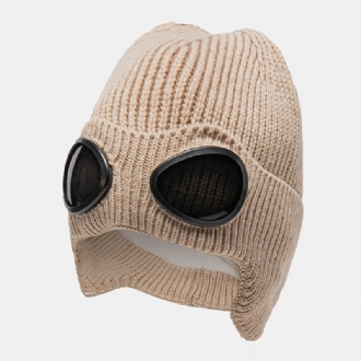Unisex Stickad Enfärgad Aviator Glasögon Linsdekoration Tjocka Värme Mode Mössa
