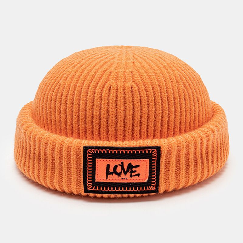 Unisex Stickad Mössa Bokstavsmönster Patch Brättelös Flänsning Utomhus Värme Mössa Hyresvärd Keps Skalkeps