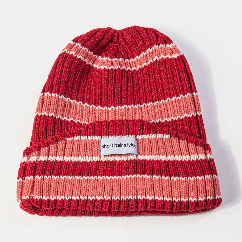 Unisex Stickad Mössa Färg Kontrast Randigt Bokstavsmönster Etikett Brädelös Mössa Hyresvärd Keps Skull Cap