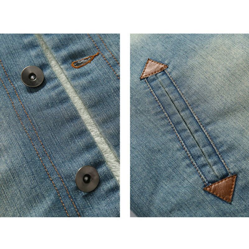 Herrmode 100% Bomull Fickor Denim Fleece Förtjockad Stativkrage Casual Jacka