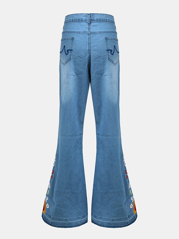 Blommig Broderi För Kvinnor Snygga Casual Jeans Med Klockbotten Och Fickor
