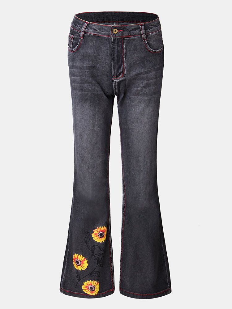 Damblombroderade Fickor Normal Passform Casual Distressed Jeans