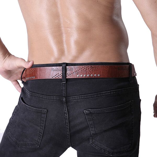 110cm Herr Pu Läder Cowboy Bälte Fritid Vild Porös Nit Punk Pin Bälte Midjeband Strips