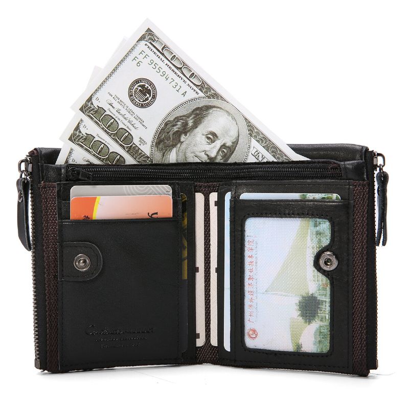 Män Äkta Läder Bifold Hasp Multi-card Slot Korthållare Retro Dubbel Dragkedja Pocket Myntväska Kort Money Clip Plånbok