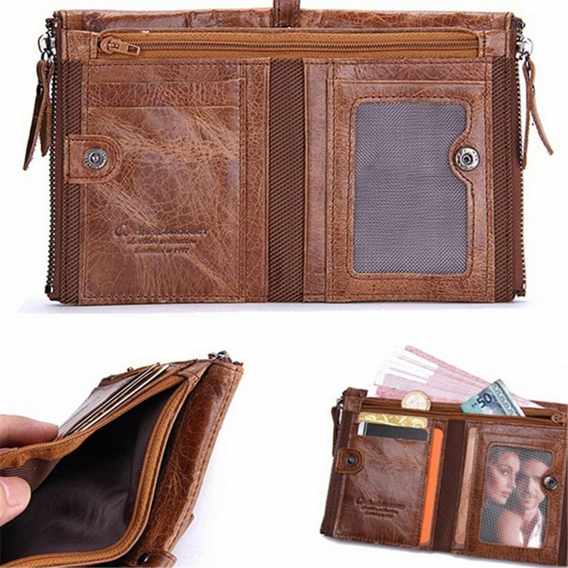 Män Äkta Läder Bifold Hasp Multi-card Slot Korthållare Retro Dubbel Dragkedja Pocket Myntväska Kort Money Clip Plånbok