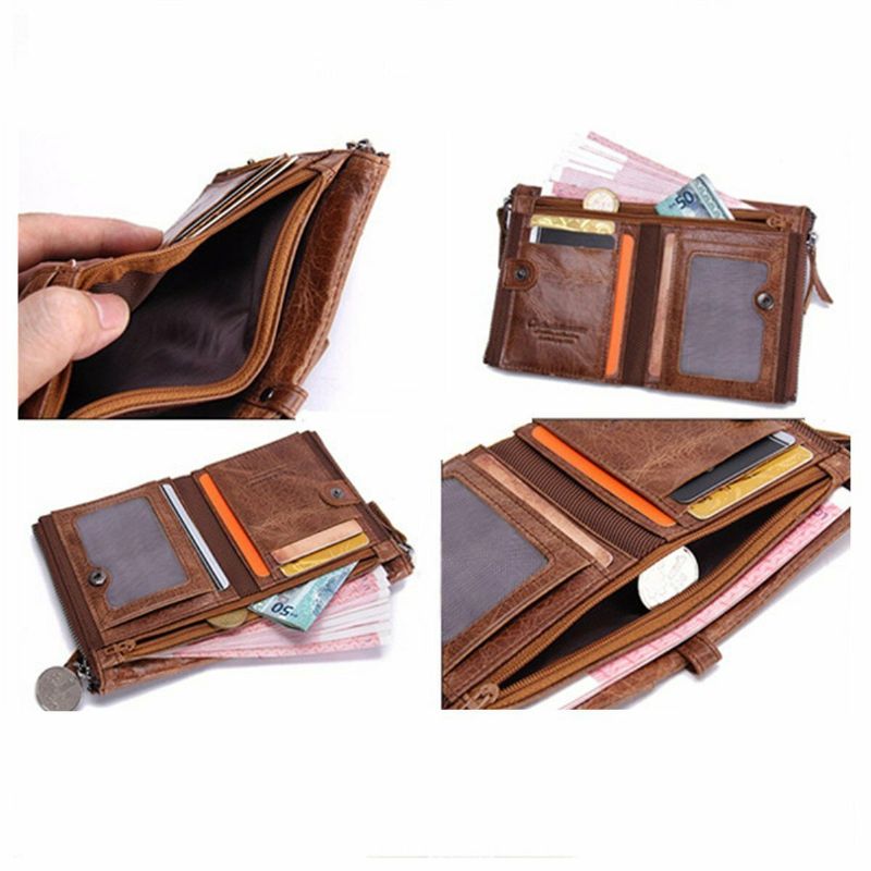 Män Äkta Läder Bifold Hasp Multi-card Slot Korthållare Retro Dubbel Dragkedja Pocket Myntväska Kort Money Clip Plånbok