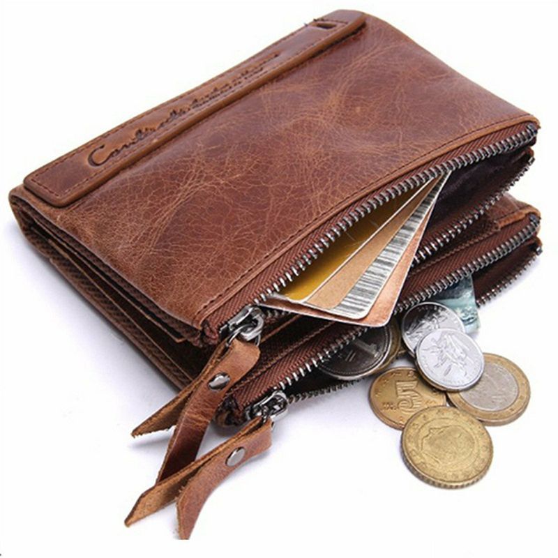 Män Äkta Läder Bifold Hasp Multi-card Slot Korthållare Retro Dubbel Dragkedja Pocket Myntväska Kort Money Clip Plånbok