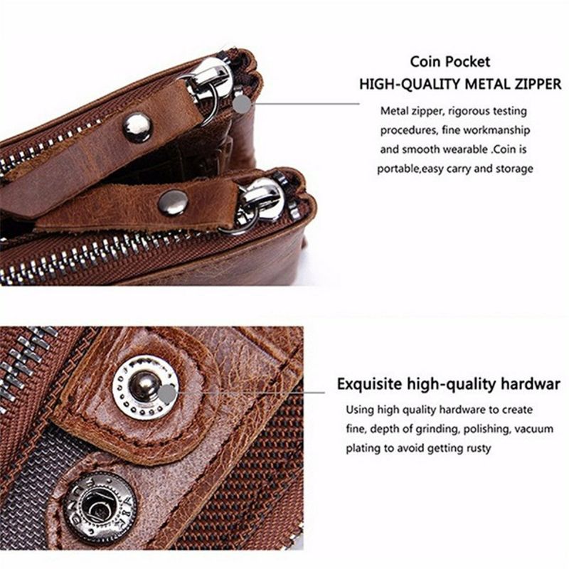 Män Äkta Läder Bifold Hasp Multi-card Slot Korthållare Retro Dubbel Dragkedja Pocket Myntväska Kort Money Clip Plånbok