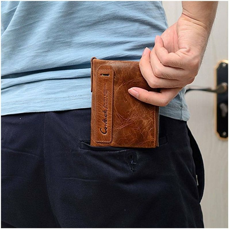 Män Äkta Läder Bifold Hasp Multi-card Slot Korthållare Retro Dubbel Dragkedja Pocket Myntväska Kort Money Clip Plånbok
