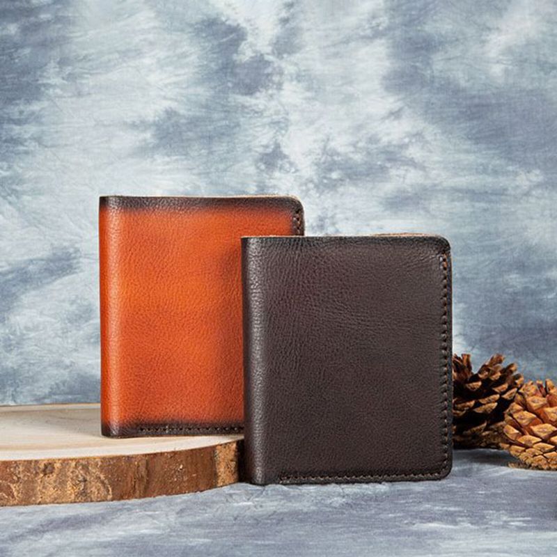 Män Äkta Läder Vintage Rubbing Color Kort Plånbok Vertikal Multipurpose Bifold Slim Myntväska