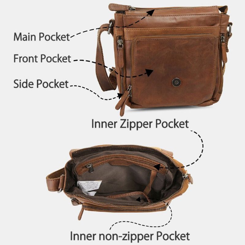 Ekphero Herr Vattentät Flerlagers Dragkedja Crossbody-väska Faux Läder Mjuk Messenger Bag Stöldskyddsväska