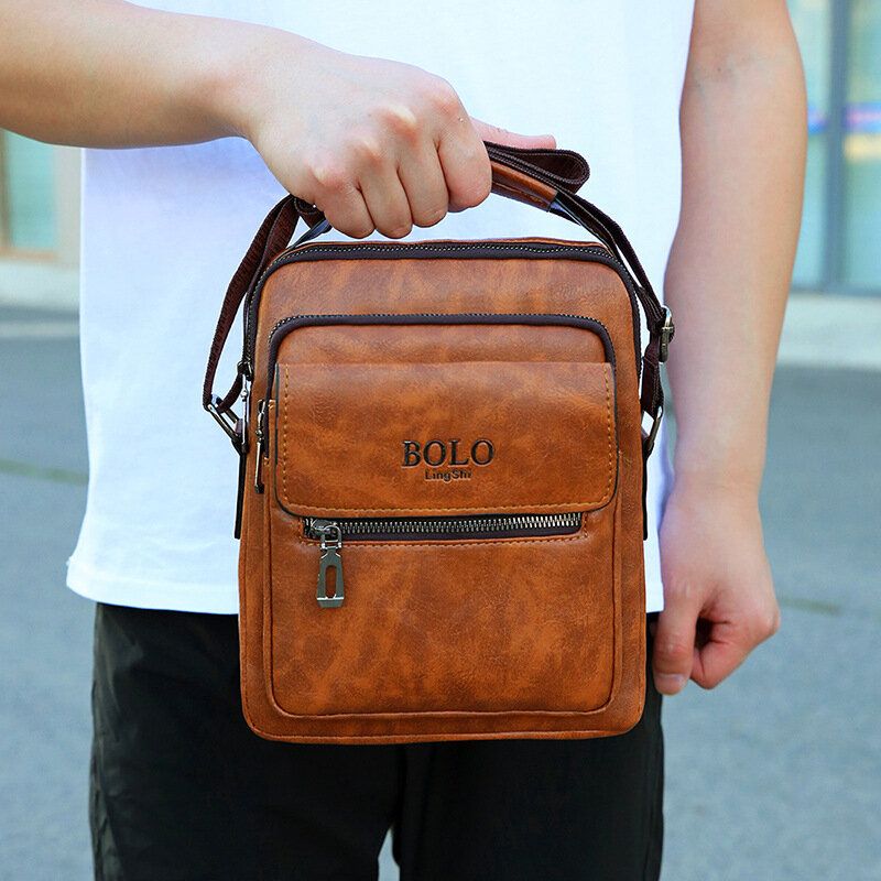 Herr Texture Dragkedja Dekor Crossbody Väska Pu Läder Vintage Multi-pocket Axelväska Handväska