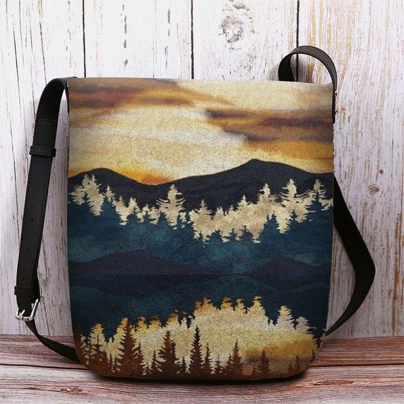 Kvinnor Filt Mountain Treetop Print Mönster Casual Outdoor Axelväska Crossbody Bag