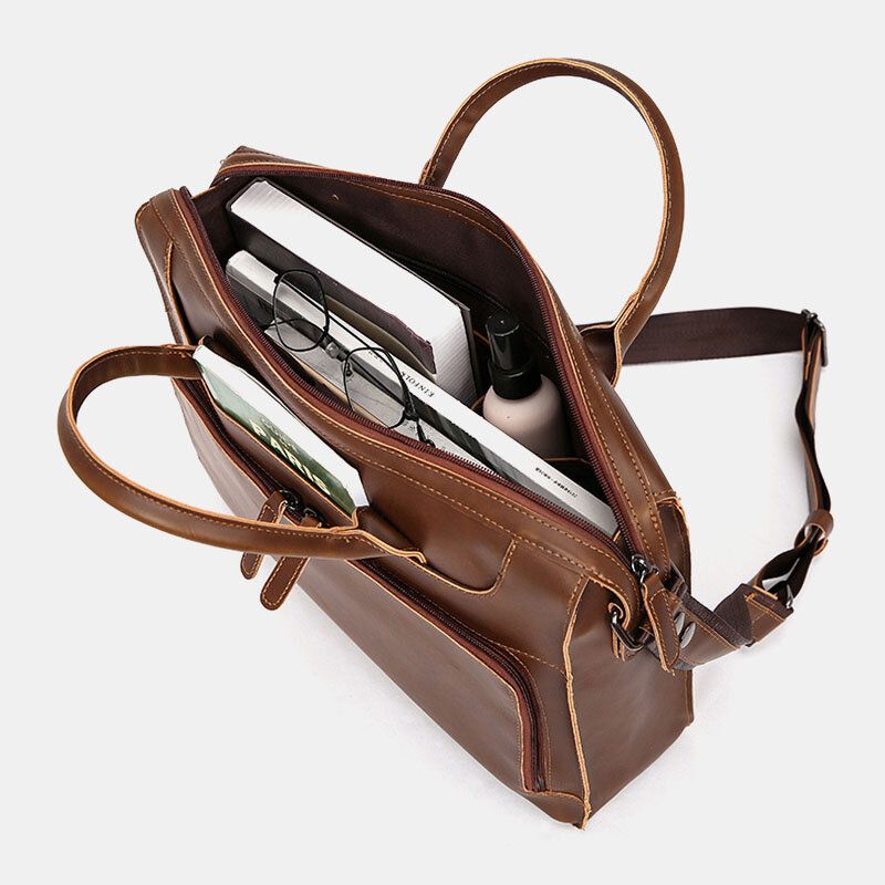 Män Horisontell Flerfack Portfölj Med Flera Fack Vintage Pu-läder 14-tums Bärbar Datorväska Crossbody-väska Axelväska Handväska