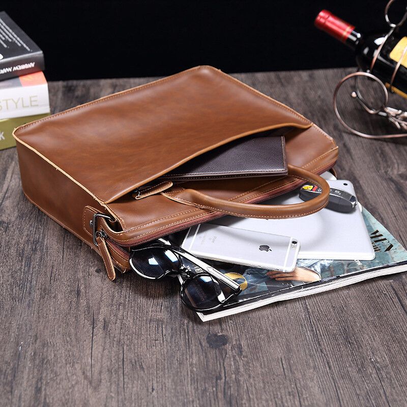 Män Horisontell Flerfack Portfölj Med Flera Fack Vintage Pu-läder 14-tums Bärbar Datorväska Crossbody-väska Axelväska Handväska