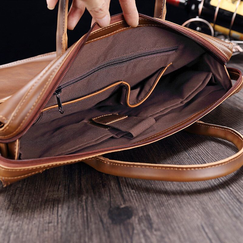 Män Horisontell Flerfack Portfölj Med Flera Fack Vintage Pu-läder 14-tums Bärbar Datorväska Crossbody-väska Axelväska Handväska