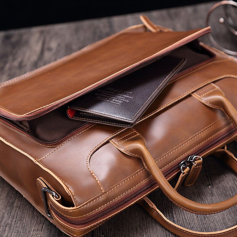 Män Horisontell Flerfack Portfölj Med Flera Fack Vintage Pu-läder 14-tums Bärbar Datorväska Crossbody-väska Axelväska Handväska